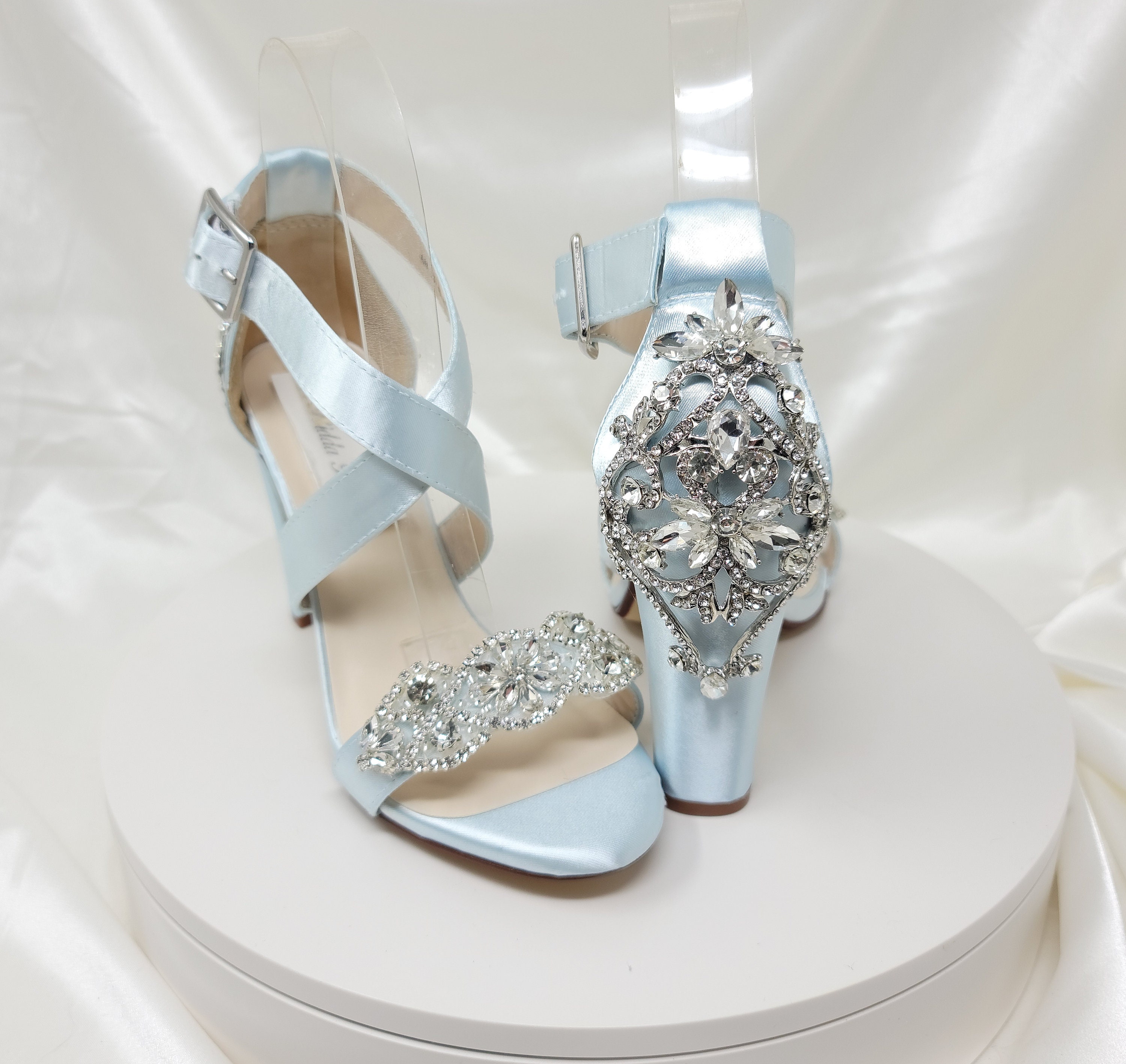Baby Blue Wedding Shoes All Crystal Design Chunky Heels Cross - Etsy