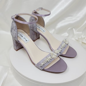 Purple Lace Block Heel Wedding Shoes Purple Chunky Heels Purple Lace Bridal Shoes with Pearl Crystal Design - 100 COLORS Purple Heels