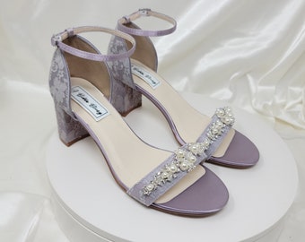 Purple Lace Block Heel Wedding Shoes Purple Chunky Heels Purple Lace Bridal Shoes with Pearl Crystal Design - 100 COLORS Purple Heels