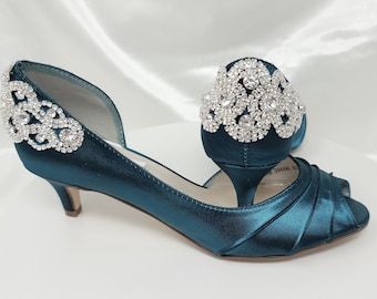 Teal Bridal Shoes Teal Wedding Shoes with Sparkling Crystal Back Design - 100 Additional Colors To Pick From Different Heel Heights