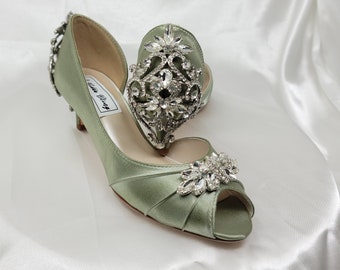 Sage Bridal Shoes with Crystal Back Design Sage Green Wedding Shoes 100 COLORS Sage Green Kitten Heel Sage Green Bridal Heels Sage Shoe