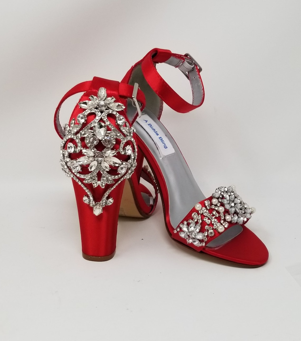 Red Chunky Heels Over 100 COLORS Red Bridal Sandals Rhinestone image 1