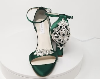 Hunter Green Bridal Shoes Chunky Heels Hunter Green Wedding Shoes Wedding Shoes 100 COLORS Crystal Back Design Hunter Green Bridesmaid Shoes