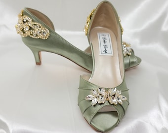Sage Wedding Shoes with Crystal Gold Design Sage Green Bridal Shoes 100 COLORS Sage Green Kitten Heels Sage Green Bridal Heels Sage Shoes