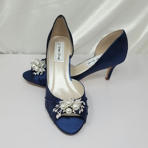 Navy Blue Wedding Shoes Crystal and Pearl Cascade Design Navy Blue Bridal Shoes Blue Wedding Shoes 100 COLORS Navy Blue Bridal Heels