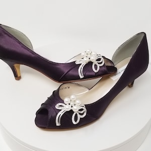 Eggplant Purple Wedding Shoes with a Pearl and Crystal Bow Brooch Eggplant Purple Bridal Shoes 100 COLORS Eggplant Purple Bridesmaid Shoes
