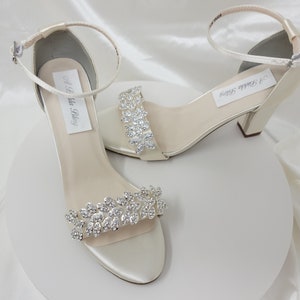 Chunky Heels Ivory Bridal Sandals Flower Crystal Design Ivory Bridal Shoes or Ivory Wedding Shoes - OVER 100 COLORS Bridesmaid Shoes