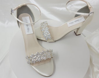 Chunky Heels Ivory Bridal Sandals Flower Crystal Design Ivory Bridal Shoes or Ivory Wedding Shoes - OVER 100 COLORS Bridesmaid Shoes