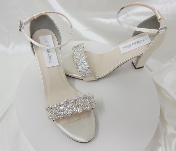 Crochet Lace Block Heel Wedding Sandals with Back Bow, Bridal Heel