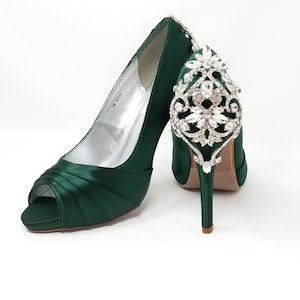 Green Bridal Shoes with Silver Crystal Back Design Hunter Green Wedding Shoes - Over 100 Colors Dyeable Shoes Hunter Green Bridal Shoes