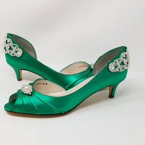 Emerald Green Wedding Shoes with Crystal Back Design Emerald Green Bridal Shoes OVER 100 COLORS Emerald Green Bridal Heels Green Peep Toe