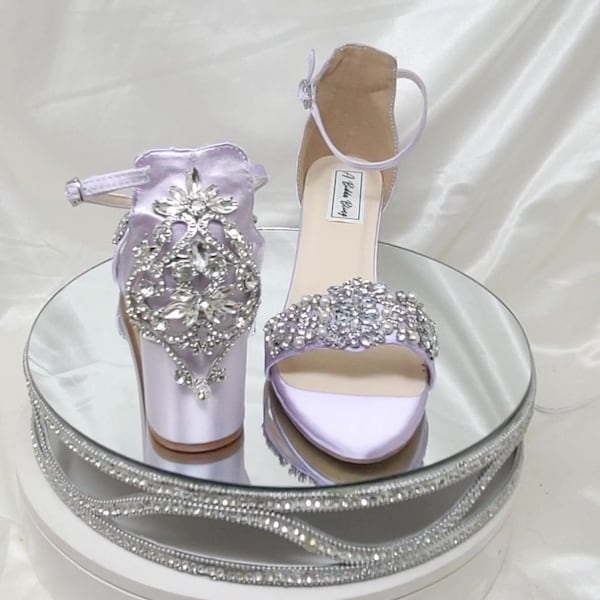 Lilac Block Heels 100 COLORS Lilac Purple Chunky Heels Purple Bridal Sandals Crystal and Pearls Purple Bridal Shoes Purple Wedding Shoes