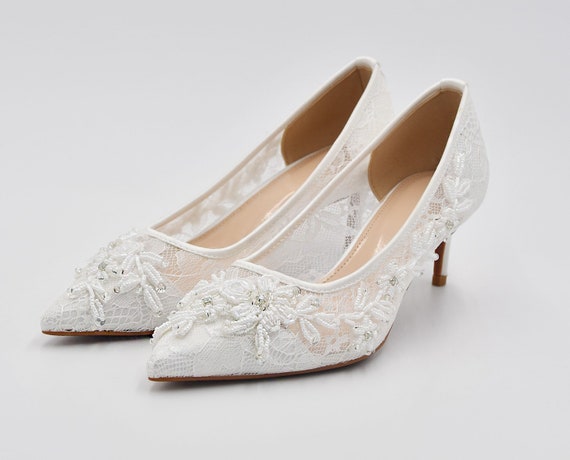 Lace Wedding Heels with Front Tulle Bow, Bridal Heel, Bridesmaid Shoes