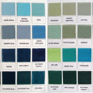 May include: A color chart with 50 different shades of blue, green, and teal. The chart is divided into three columns, with each column containing 16 different shades. The shades are labeled with their names, such as "Baby Blue", "Bluestone", "Indigo", "Tealness", and "Emerald".