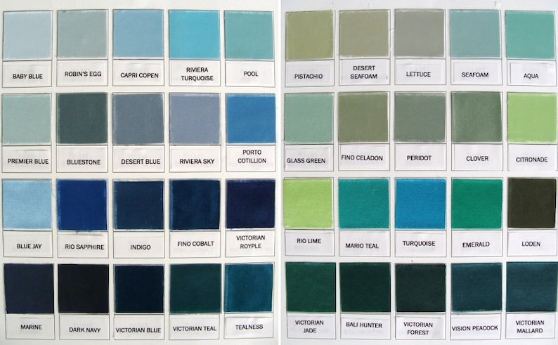 May include: A color chart with 50 different shades of blue, green, and teal. The chart is divided into three columns, with each column containing 16 different shades. The shades are labeled with their names, such as "Baby Blue", "Bluestone", "Indigo", "Tealness", and "Emerald".