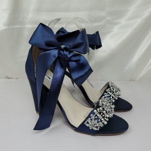 Blue Block Heels with Blue Bow Navy Blue Bridal Sandals Crystal and Pearl Design Navy Blue Bridal Shoes Navy Blue Wedding Shoes Blue Shoes