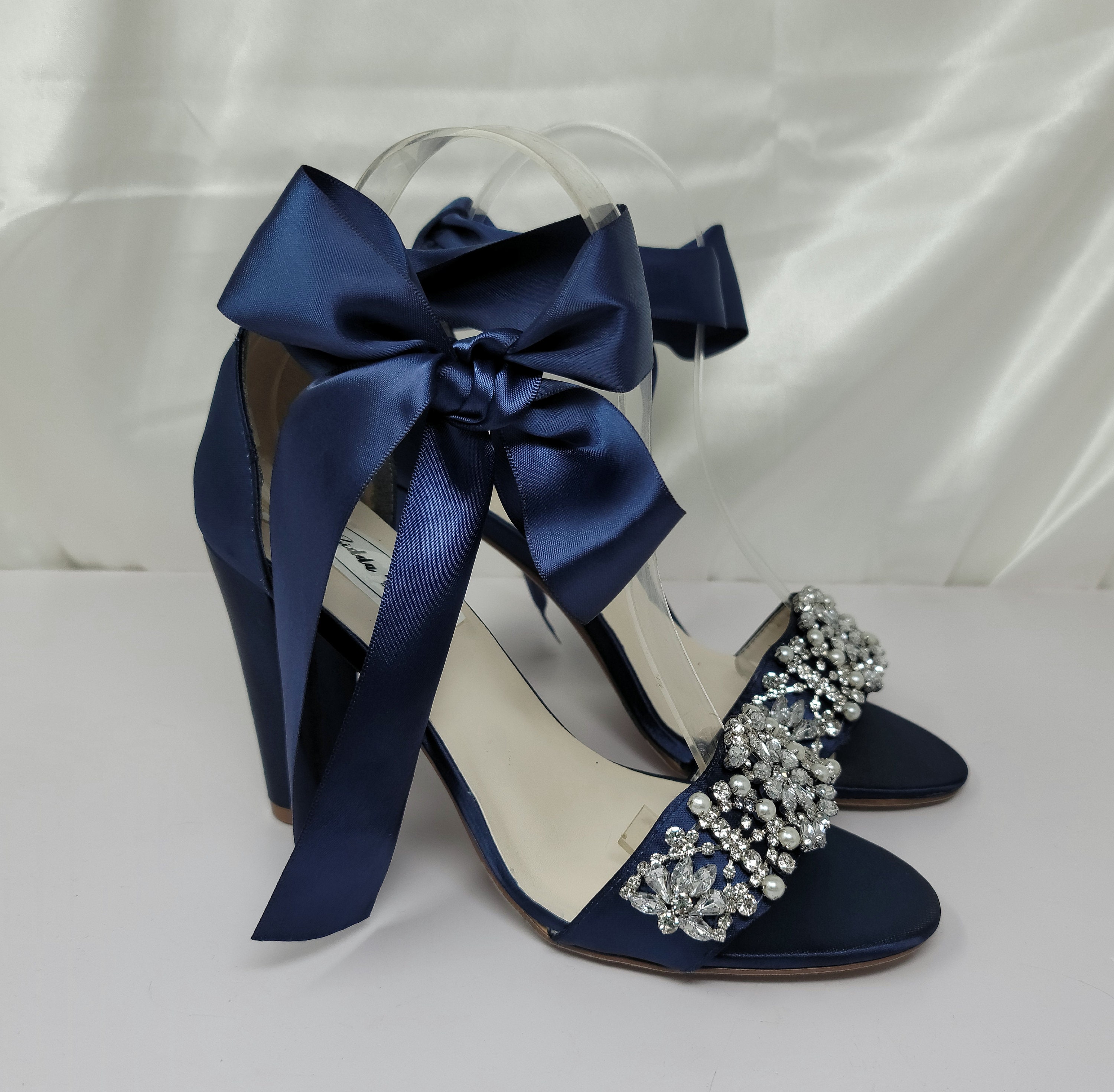 Blue Block Heels With Blue Bow Navy Blue Bridal Sandals Crystal and Pearl Design Navy Blue Bridal Shoes Navy Blue Wedding Shoes Blue Shoes Etsy