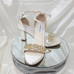 Ivory Block Bridal Heels with Gold Design Ivory Bridal Sandals Gold Crystal Design White Bridal Shoes or White Wedding Shoes 100 COLORS