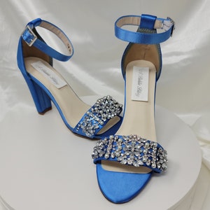 Blue Block Heels Blue Bridal shoes 100 COLORS Blue Bridal Sandals Crystal and Pearl Design Navy Blue Wedding Shoes
