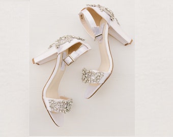 Ivory Bridal Shoes with Block Heels Crystal and Pearl Design 100 COLORS Ivory Bridal Sandals with Chunky Heel Ivory Wedding Shoes Bling
