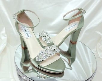 Sage Green Bridal Shoes Sage Green Chunky Heels Sage Green Wedding Shoes 100 COLORS Crystal Front Design Sage Green Heels