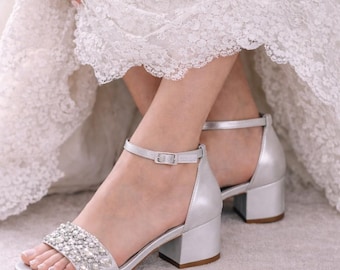 Silver Bridal Shoes Silver Block Heels 100 COLORS Silver Chunky Heels Silver Bridal Sandals Crystal and Pearls Grey Wedding Shoes