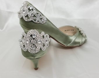 Sage Wedding Shoes with Crystal Back Design Sage Green Bridal Shoes 100 COLORS Sage Green Kitten Heel Sage Green Bridal Heels Sage Shoe