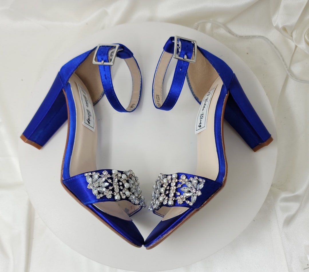 Blue Block Heels Blue Chunky Heels 100 COLORS Blue Bridal Sandals Crystal  Pearl Design Blue Bridal Shoes Royal Blue Block Heels