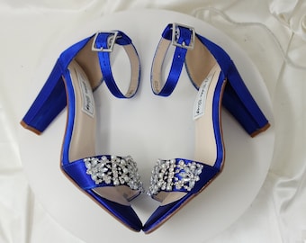 Blue Block Heels Blue Chunky Heels 100 COLORS Blue Bridal Sandals Crystal Pearl Design Blue Bridal Shoes Royal Blue Block Heels