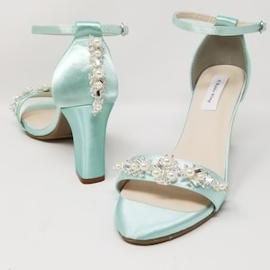 Blue Wedding Shoes Crystal and Pearl Design Chunky Heels Blue Block Heel Blue Bridal Shoes OVER 100 COLORS Green Bridal Shoes Aqua Shoes