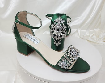 Green Block Heel Bridal Shoes with Pearl and Crystal Design Over 100 COLORS Hunter Green Wedding Shoes Green Chunky Heels Green Bridal Heels