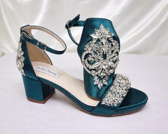 Teal Green Wedding Shoes Teal Green Block Heels Teal Green Chunky Heels Teal Green Bridal Sandals Crystal and Pearl Design 100 COLOR Options