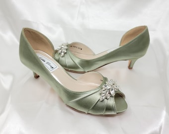 Sage Bridal Shoes with Crystal Silver Design Sage Green Wedding Shoes 100 COLORS Sage Green Kitten Heels Sage Green Bridal Heels Sage Shoes