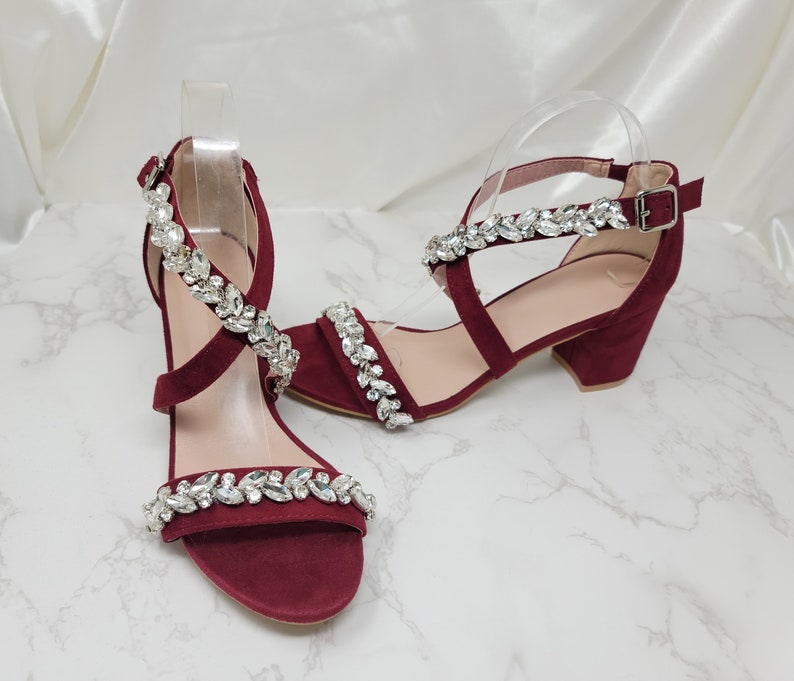 Burgundy Wedding Bling Shoes Burgundy Bridal Shoes Sparkling Crystals Burgundy Bridal Heels Burgundy Wedding Heels Burgundy Block Heels image 3