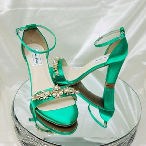 Emerald Green Wedding Shoes Chunky Heels Rose Gold Pearl Design Emerald Green Bridal Shoes or 100 COLORS Emerald Green Block Heels