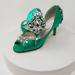 Emerald Green Bridal Shoes Crystal Back and Front Design Emerald Green Wedding Shoes or OVER 100 COLORS Emerald Green Heels