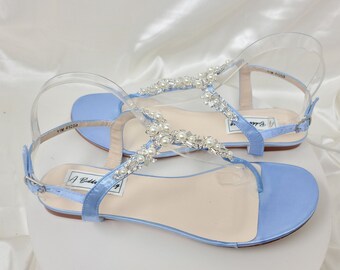 Blue Bridal Sandals Blue Wedding Sandals with Pearls and Crystals Destination Wedding Sandals Flat Heel Bridal Sandals  Beach Wedding Shoes