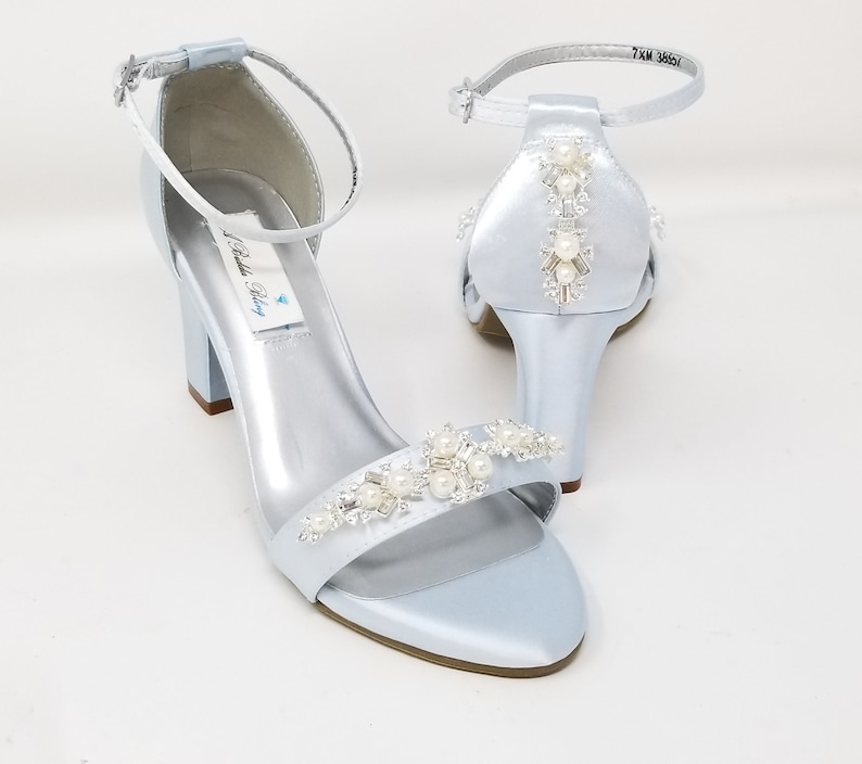 Baby Blue Bridal Shoes Pearls and Crystals Chunky Heels