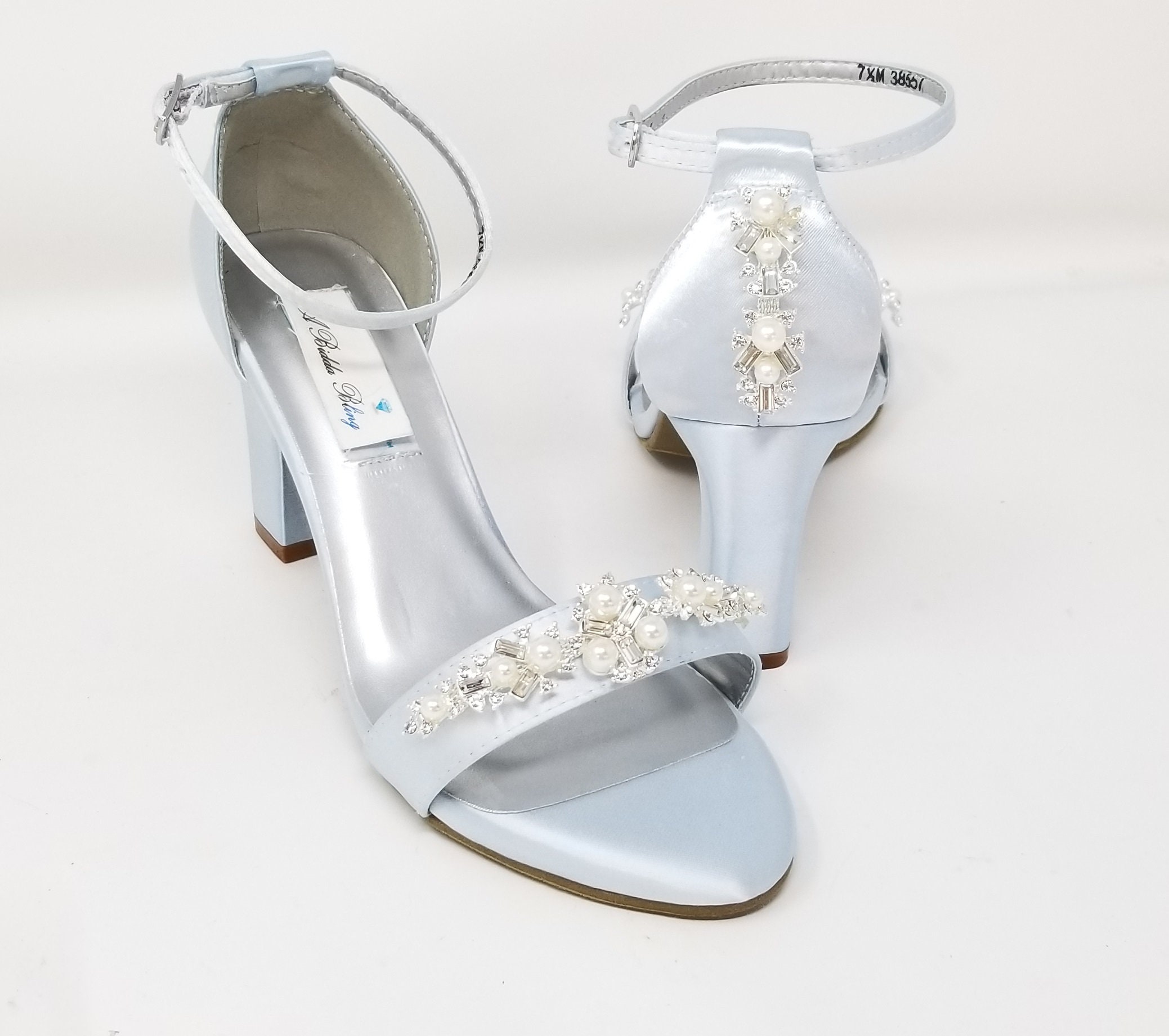 Light Blue Satin Block Heel Sandal with Front Oversized TULLE BOW - 8 Women  / Regular Ankle Strap | Flower girl shoes, Bridesmaid shoes, Blue shoes