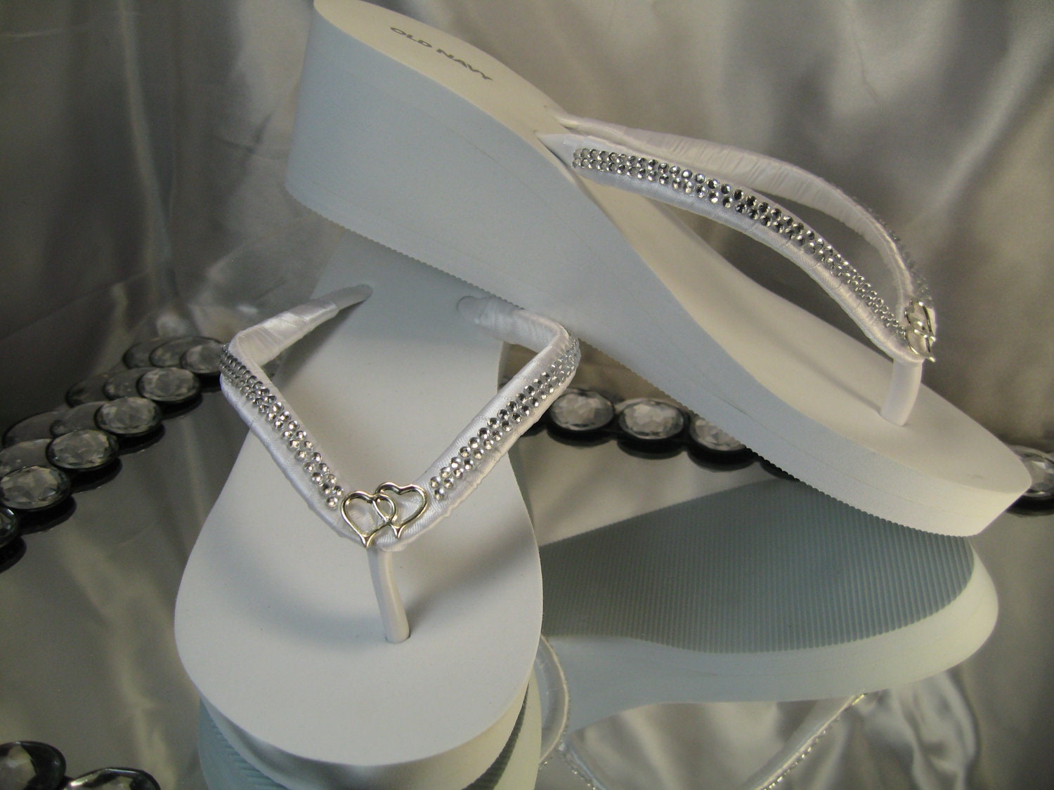 white wedge flip flops with rhinestones