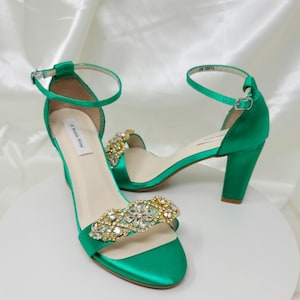 Emerald Green Wedding Shoes Chunky Heels Gold Crystal Design Emerald Green Bridal Shoes or 100 COLORS Emerald Green Block Heels