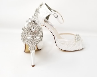 LIMITED STOCK Ivory Lace Wedding Shoes Crystal Back and Front Design Ivory Lace Bridal Shoes Lace Bridesmaid Shoes - Over 100 Color Choices