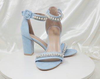 Baby Blue Wedding Shoes Crystal and Pearl Design Baby Blue Chunky Heel Baby Blue Block Heels Blue Bridal Heels Faux Suede Blue Shoes