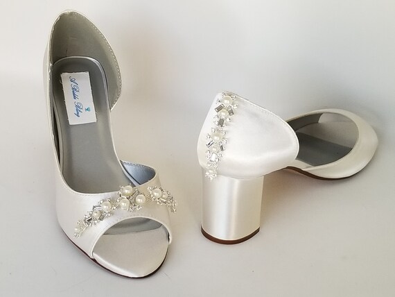 Ivory Bridal Shoes Block Heel Crystal And Pearl Front And Back Etsy