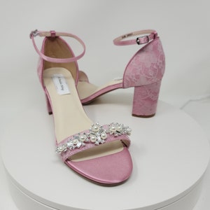 Rose Wedding Shoes Rose Lace Wedding Shoes Chunky Heels Rose Bridal Shoes Lace Bridal Shoes with Pearls and Crystals - PICK FROM 100 COLORS