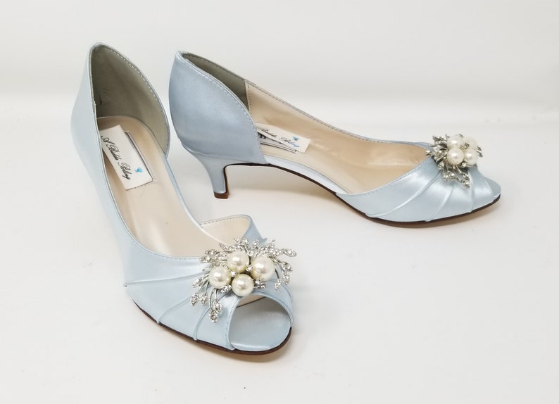 Vintage Wedding Shoes, Flats, Boots, Heels     Baby Blue Wedding Shoes Crystal and Pearl Cascade Design Baby Blue Bridal Shoes Blue Kitten Heels 100 Custom Color Choices Dyeable Shoes  AT vintagedancer.com