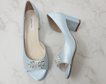 Baby Blue Bridal Shoes Block Heel Sparkling Crystal Applique Baby Blue Wedding Shoes Chunky Heel Navy Chunky Heels- 100 Colors