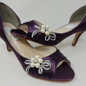 Purple Eggplant Bridal Shoes with Pearl and Crystal Bow Brooch Purple Wedding Shoes - Over 100 Color Shoe Choices to Pick From