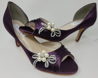 Purple Eggplant Bridal Shoes with Pearl and Crystal Bow Brooch Purple Wedding Shoes - Over 100 Color Shoe Choices to Pick From