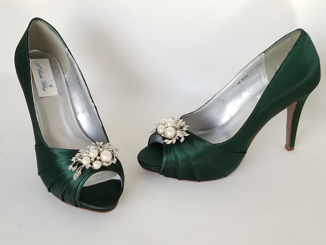 Hunter Green Wedding Shoes With Crystal and Pearl Cascade | Etsy